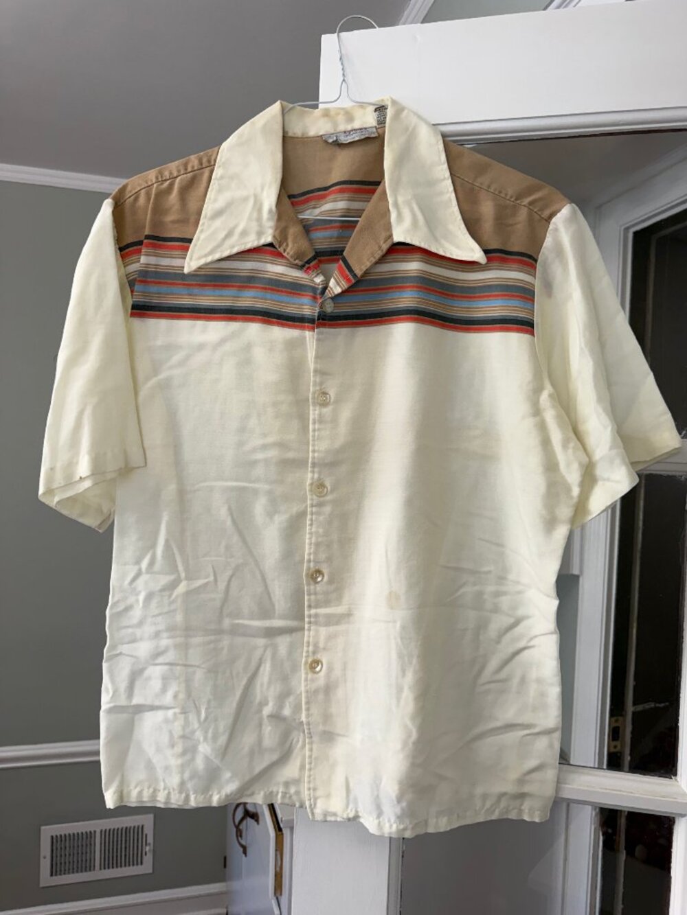 Men's Cream Striped Button Down Short Sleeved Shirt